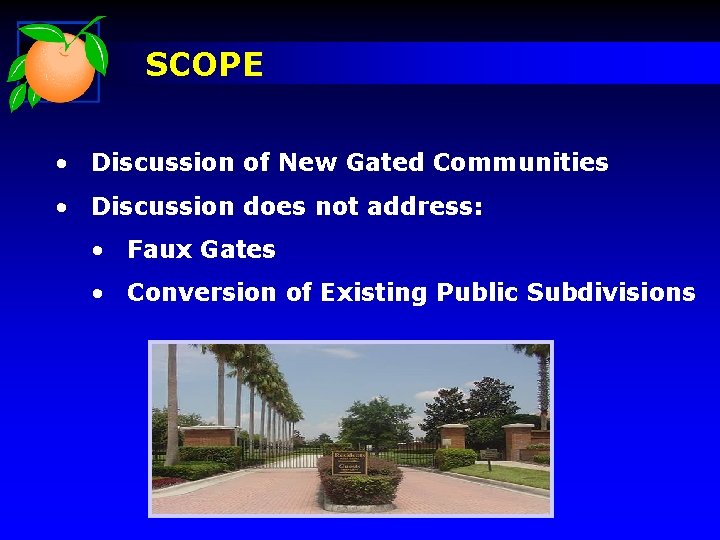 SCOPE • Discussion of New Gated Communities • Discussion does not address: • Faux