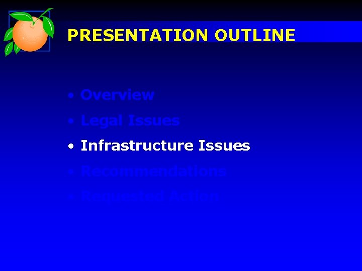PRESENTATION OUTLINE • Overview • Legal Issues • Infrastructure Issues • Recommendations • Requested