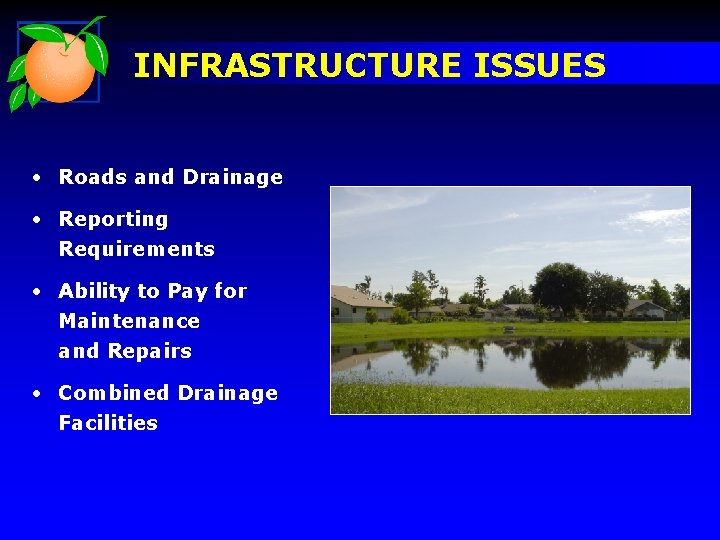 INFRASTRUCTURE ISSUES • Roads and Drainage • Reporting Requirements • Ability to Pay for