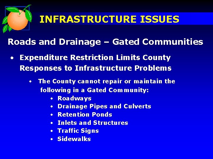 INFRASTRUCTURE ISSUES Roads and Drainage – Gated Communities • Expenditure Restriction Limits County Responses