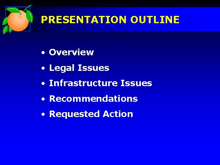 PRESENTATION OUTLINE • Overview • Legal Issues • Infrastructure Issues • Recommendations • Requested