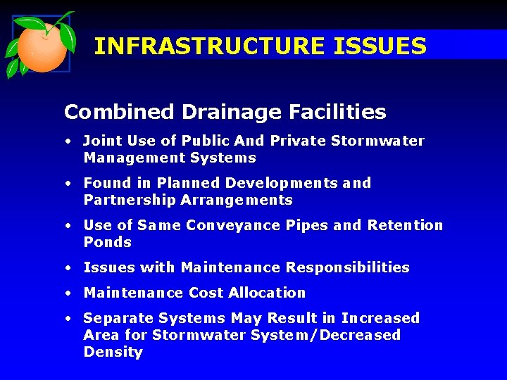 INFRASTRUCTURE ISSUES Combined Drainage Facilities • Joint Use of Public And Private Stormwater Management