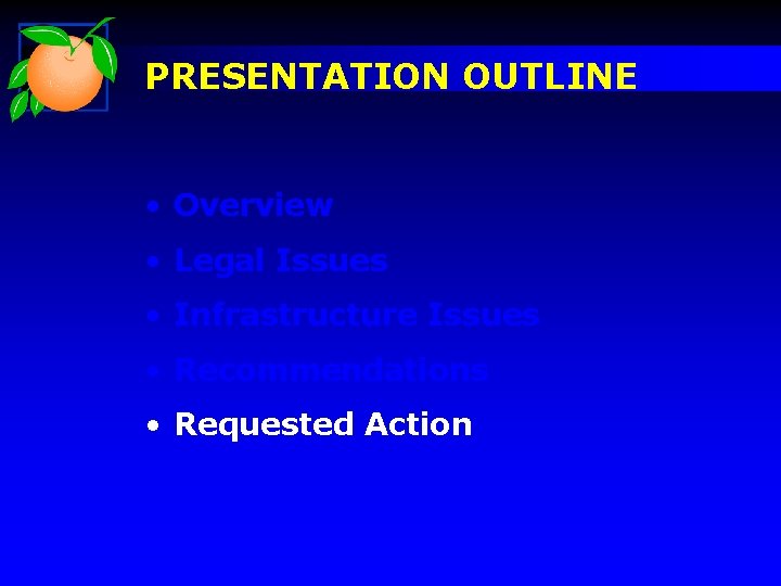 PRESENTATION OUTLINE • Overview • Legal Issues • Infrastructure Issues • Recommendations • Requested