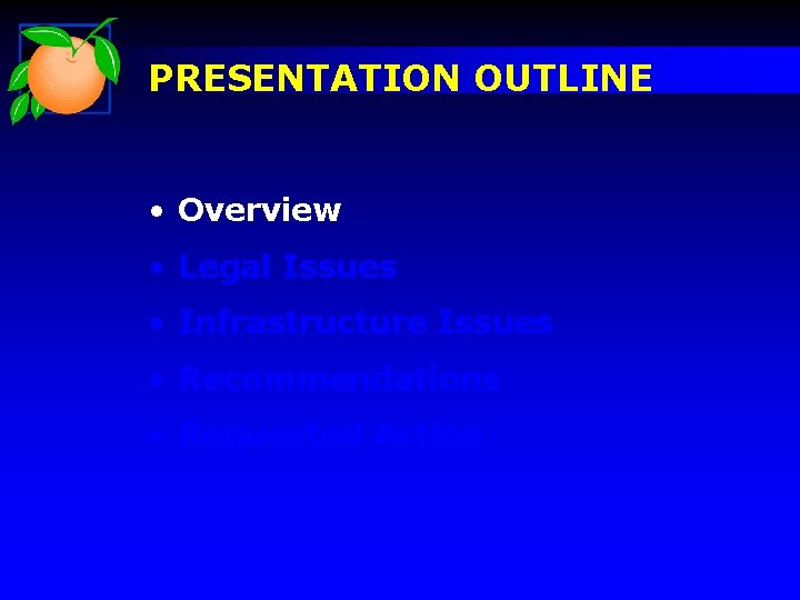 PRESENTATION OUTLINE • Overview • Legal Issues • Infrastructure Issues • Recommendations • Requested