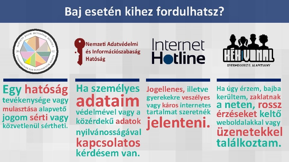 Baj esetén kihez fordulhatsz? Egy hatóság Ha személyes Jogellenes, illetve Ha úgy érzem, bajba