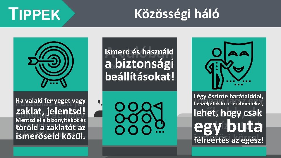 TIPPEK Közösségi háló A valóban Ismerd és használd aszemélyes biztonsági infók ne legyenek nyilvánosak.