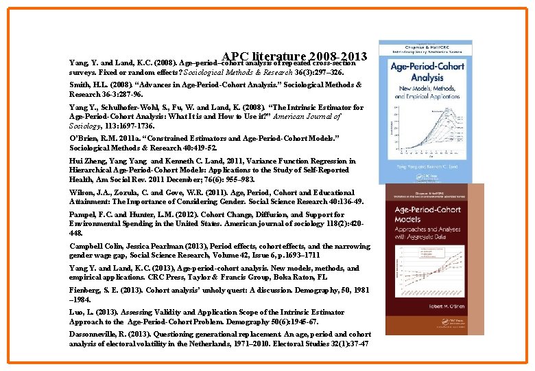 APC literature 2008 -2013 Yang, Y. and Land, K. C. (2008). Age–period–cohort analysis of