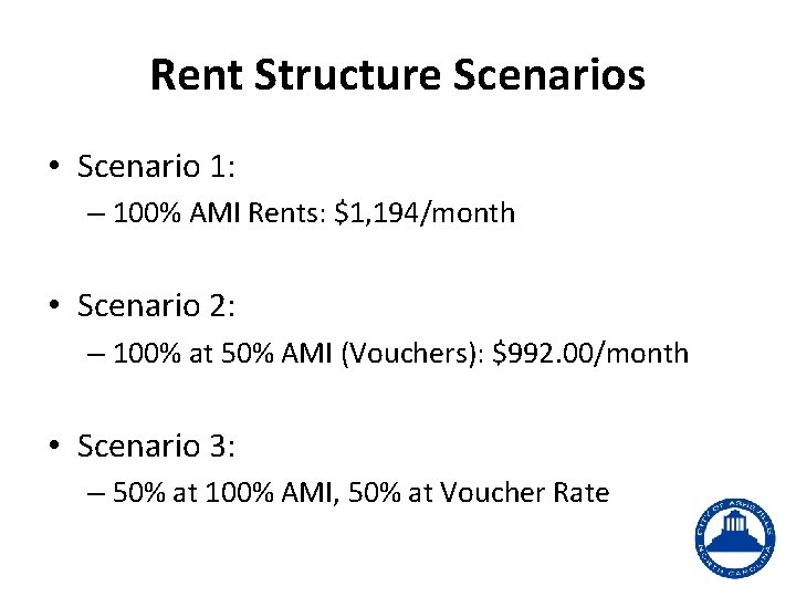 Rent Structure Scenarios • Scenario 1: – 100% AMI Rents: $1, 194/month • Scenario