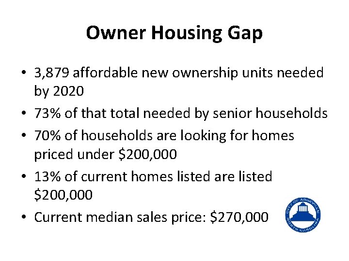 Owner Housing Gap • 3, 879 affordable new ownership units needed by 2020 •