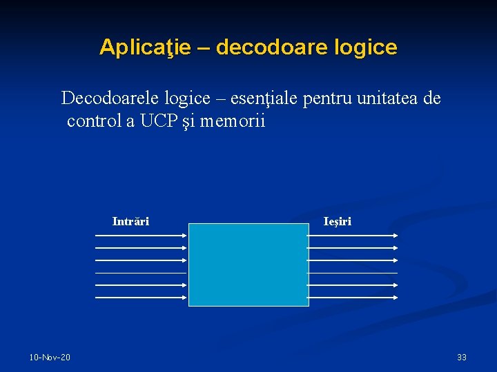 Aplicaţie – decodoare logice Decodoarele logice – esenţiale pentru unitatea de control a UCP