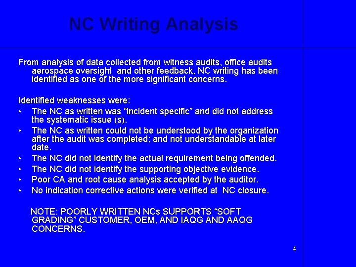  NC Writing Analysis From analysis of data collected from witness audits, office audits