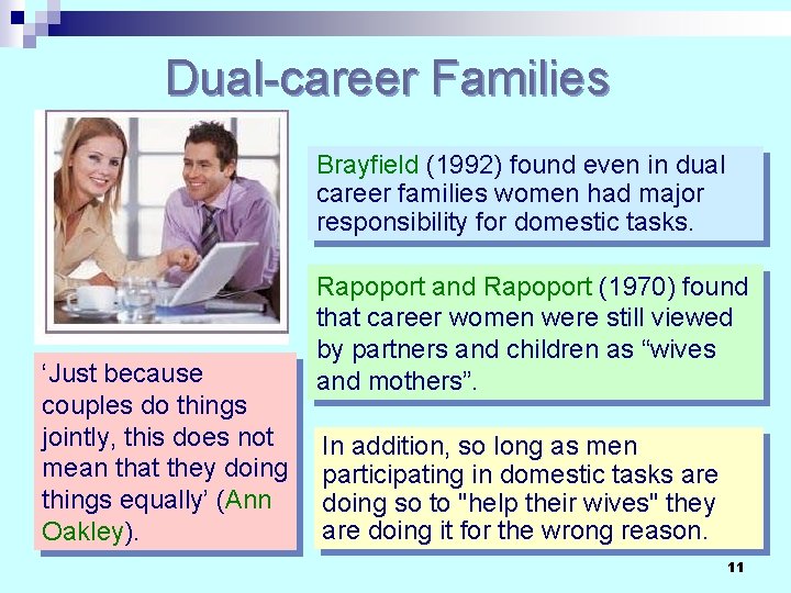 Dual-career Families Brayfield (1992) found even in dual career families women had major responsibility