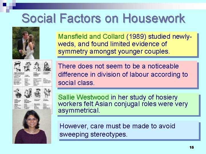 Social Factors on Housework Mansfield and Collard (1989) studied newlyweds, and found limited evidence