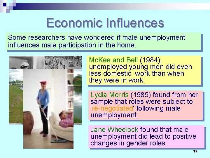 Economic Influences Some researchers have wondered if male unemployment influences male participation in the