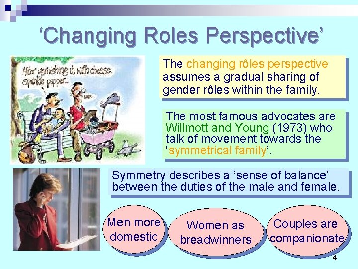 ‘Changing Roles Perspective’ The changing rôles perspective assumes a gradual sharing of gender rôles
