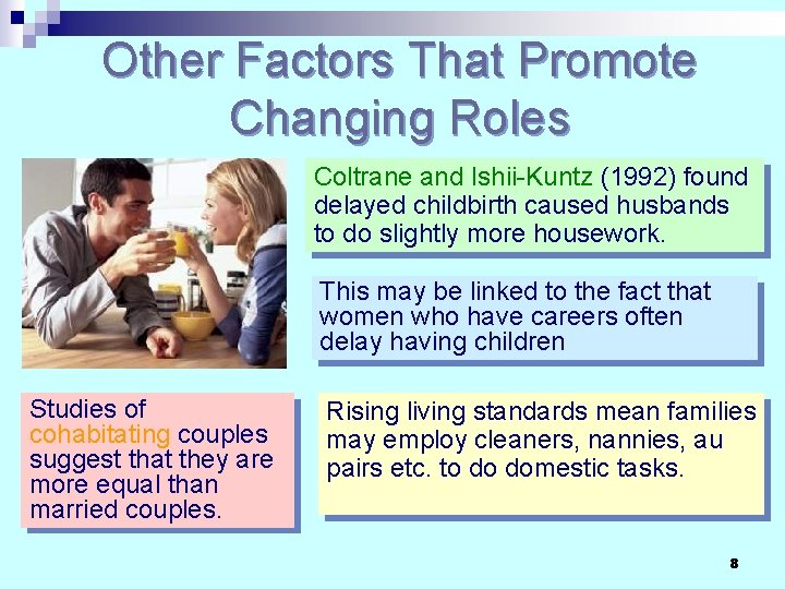 Other Factors That Promote Changing Roles Coltrane and Ishii-Kuntz (1992) found delayed childbirth caused