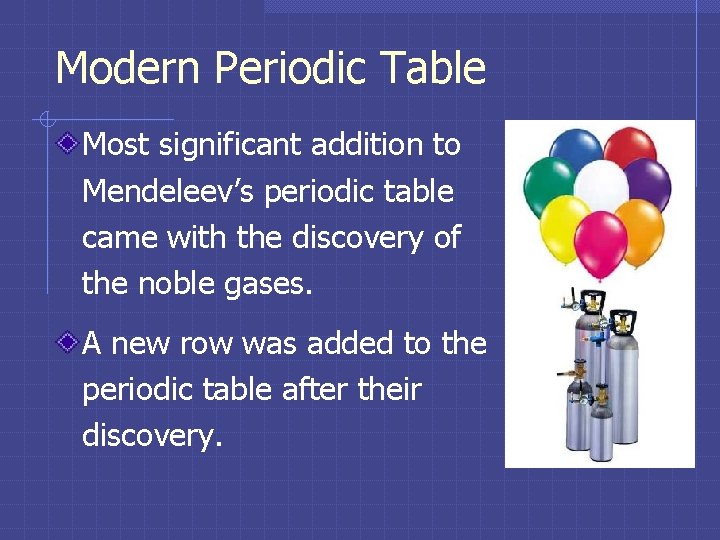 Modern Periodic Table Most significant addition to Mendeleev’s periodic table came with the discovery