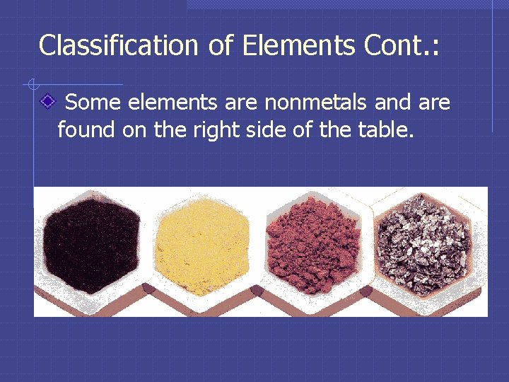 Classification of Elements Cont. : Some elements are nonmetals and are found on the