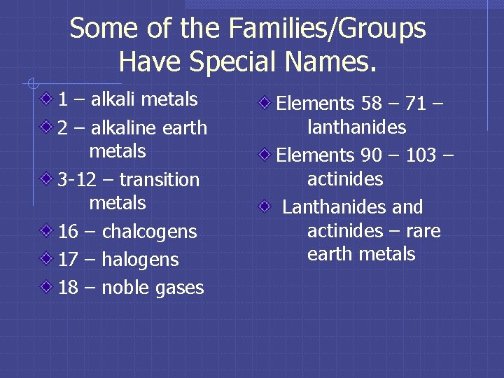 Some of the Families/Groups Have Special Names. 1 – alkali metals 2 – alkaline