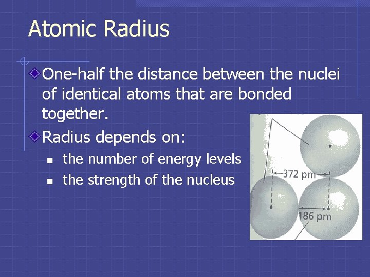 Atomic Radius One-half the distance between the nuclei of identical atoms that are bonded Atomic Radius One-half the distance between the nuclei of identical atoms that are bonded