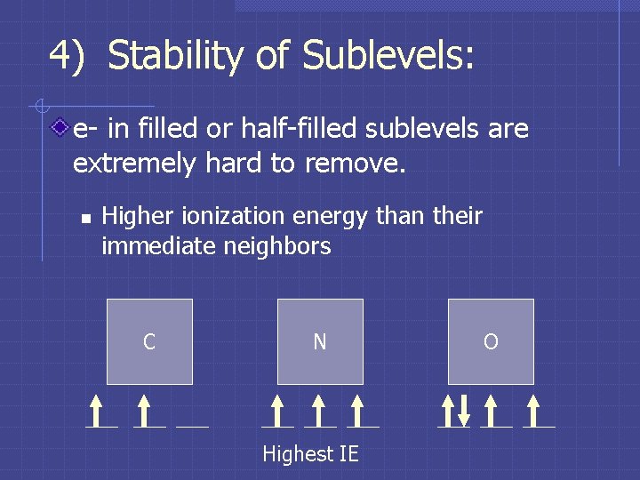 4) Stability of Sublevels: e- in filled or half-filled sublevels are extremely hard to