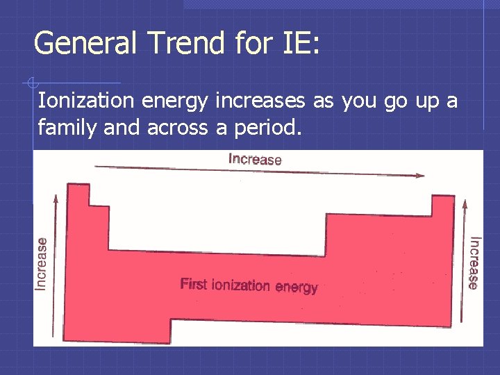 General Trend for IE: Ionization energy increases as you go up a family and