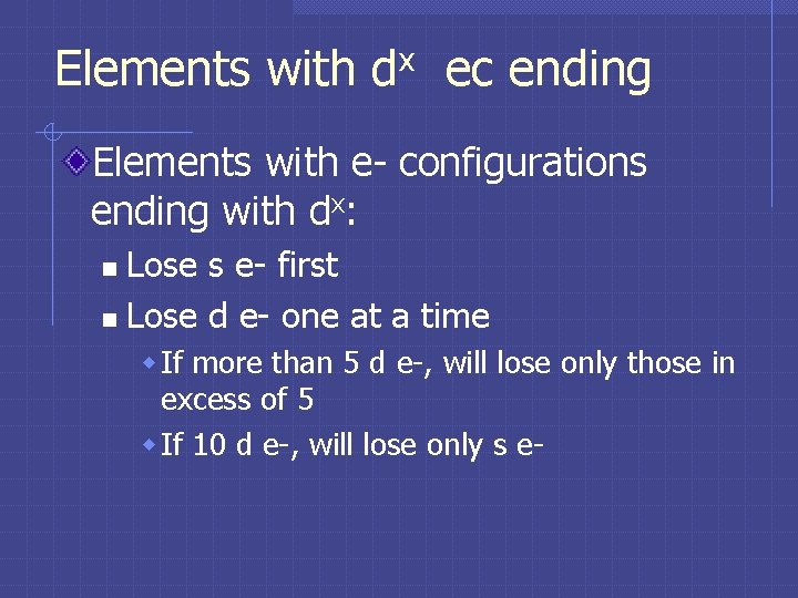 Elements with dx ec ending Elements with e- configurations ending with dx: Lose s