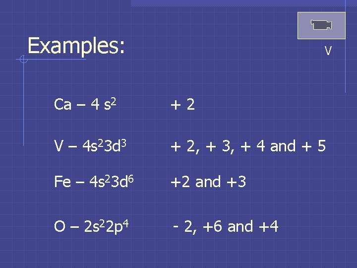 Examples: V Ca – 4 s 2 +2 V – 4 s 23 d Examples: V Ca – 4 s 2 +2 V – 4 s 23 d
