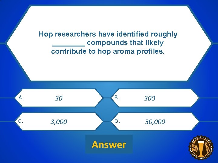 Hop researchers have identified roughly ____ compounds that likely contribute to hop aroma profiles.