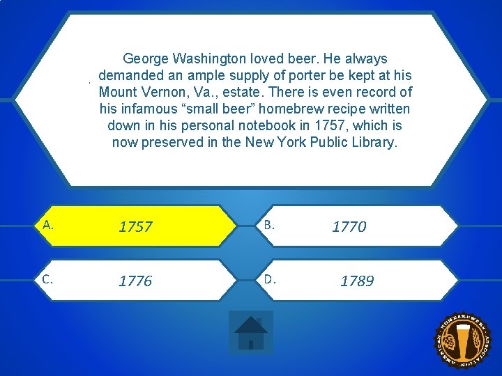 George Washington loved beer. He always demanded an ample supply of porter be kept