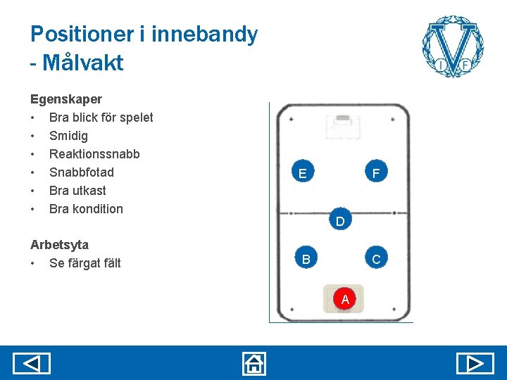 Positioner i innebandy - Målvakt Egenskaper • Bra blick för spelet • Smidig •