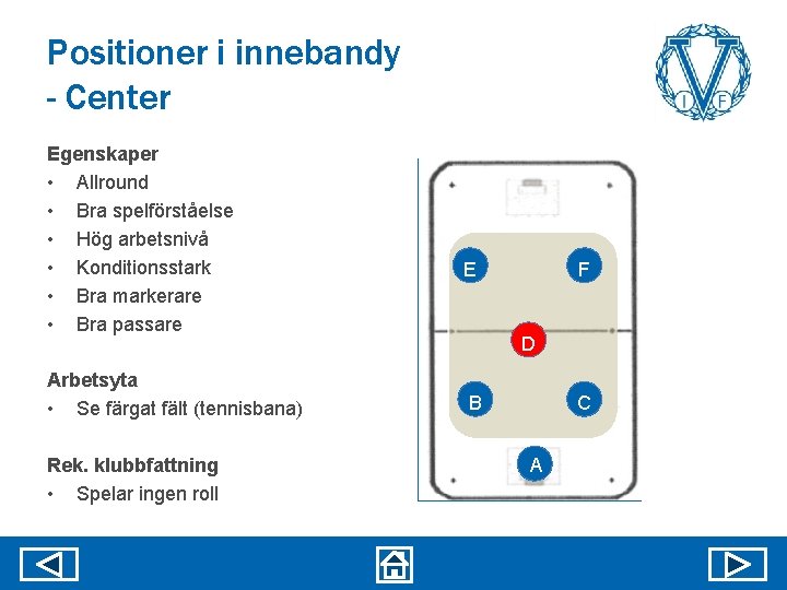 Positioner i innebandy - Center Egenskaper • Allround • Bra spelförståelse • Hög arbetsnivå