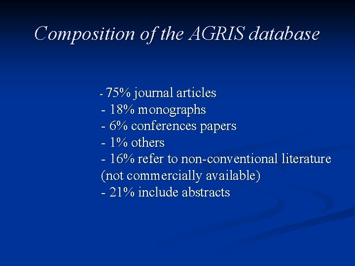 Composition of the AGRIS database - 75% journal articles - 18% monographs - 6%