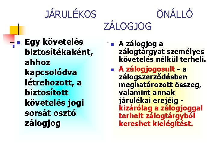 JÁRULÉKOS n Egy követelés biztosítékaként, ahhoz kapcsolódva létrehozott, a biztosított követelés jogi sorsát osztó