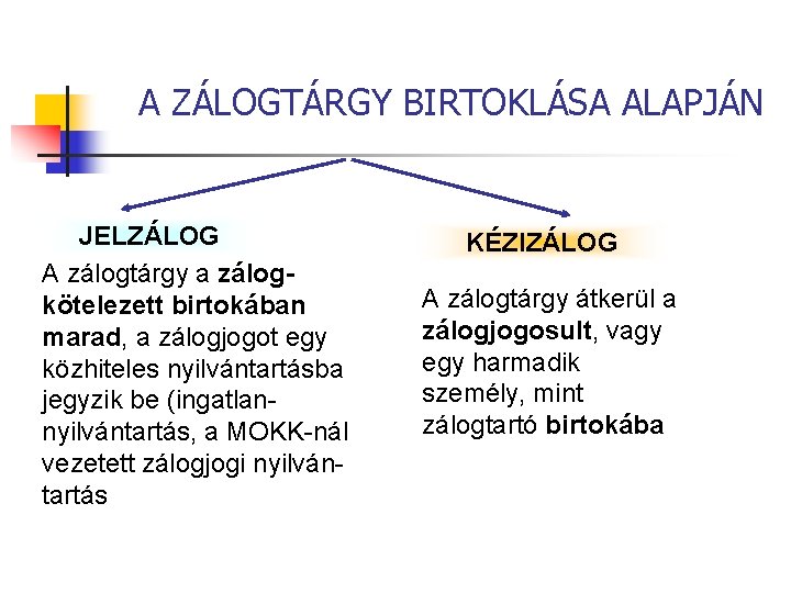 A ZÁLOGTÁRGY BIRTOKLÁSA ALAPJÁN JELZÁLOG A zálogtárgy a zálogkötelezett birtokában marad, a zálogjogot egy