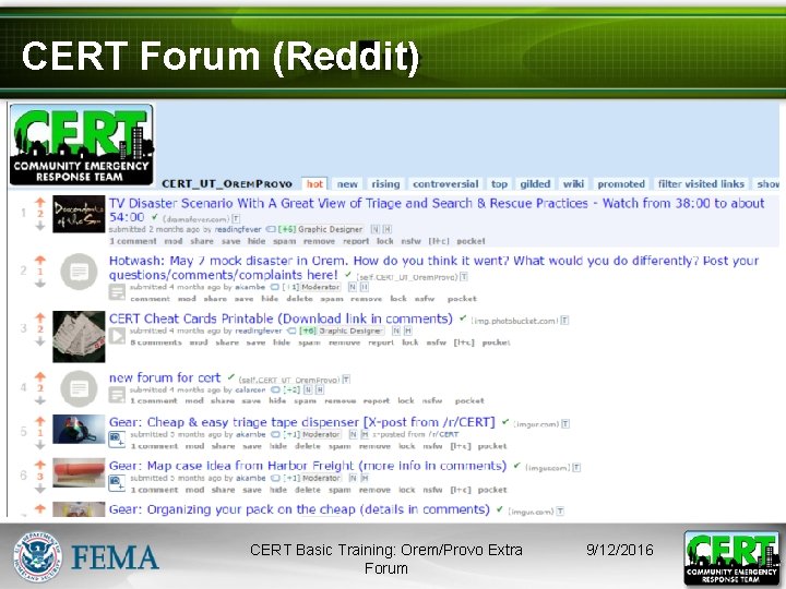 CERT Forum (Reddit) CERT Basic Training: Orem/Provo Extra Forum 9/12/2016 