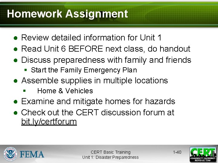 Homework Assignment ● Review detailed information for Unit 1 ● Read Unit 6 BEFORE