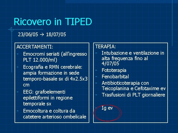 Ricovero in TIPED 23/06/05 18/07/05 ACCERTAMENTI: - Emocromi seriati (all’ingresso PLT 12. 000/ml) -