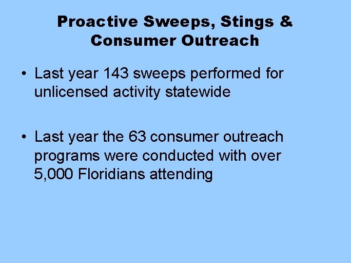 Proactive Sweeps, Stings & Consumer Outreach • Last year 143 sweeps performed for unlicensed