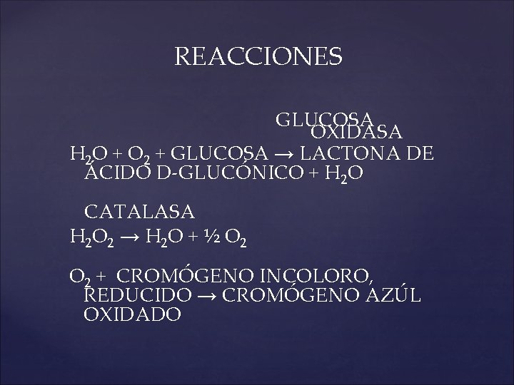REACCIONES GLUCOSA OXIDASA H 2 O + O 2 + GLUCOSA → LACTONA DE