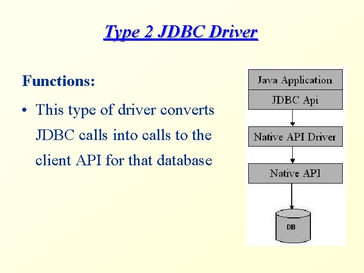Type 2 JDBC Driver Functions: • This type of driver converts JDBC calls into