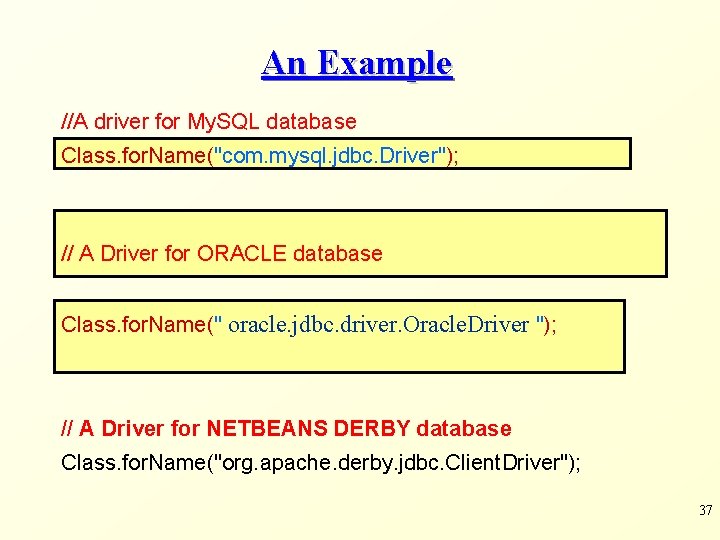 An Example //A driver for My. SQL database Class. for. Name("com. mysql. jdbc. Driver");