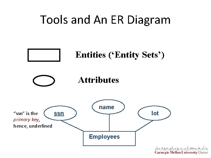 Tools and An ER Diagram Entities (‘Entity Sets’) Attributes “ssn” is the ssn primary