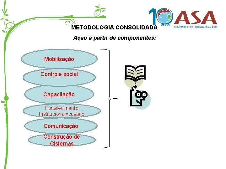 METODOLOGIA CONSOLIDADA Ação a partir de componentes: Mobilização Controle social Capacitação Fortalecimento Institucional=custeio Comunicação