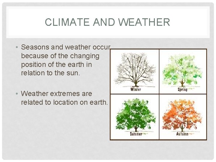 CLIMATE AND WEATHER • Seasons and weather occur because of the changing position of