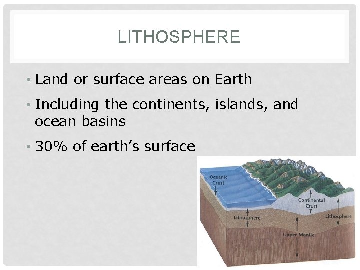 LITHOSPHERE • Land or surface areas on Earth • Including the continents, islands, and