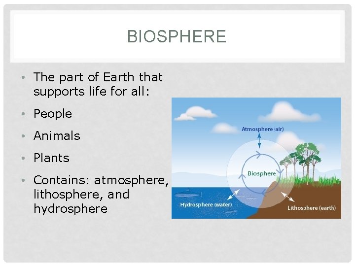 BIOSPHERE • The part of Earth that supports life for all: • People •