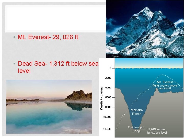  • Mt. Everest- 29, 028 ft • Dead Sea- 1, 312 ft below
