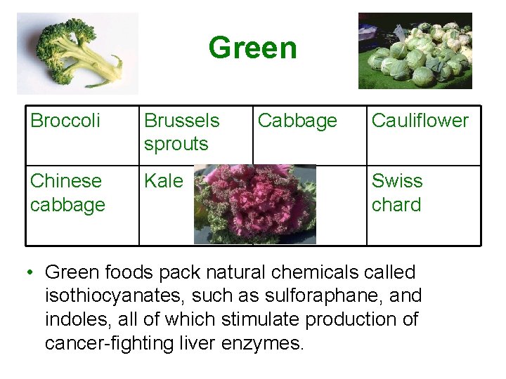 Green Broccoli Brussels sprouts Chinese cabbage Kale Cabbage Cauliflower Swiss chard • Green foods