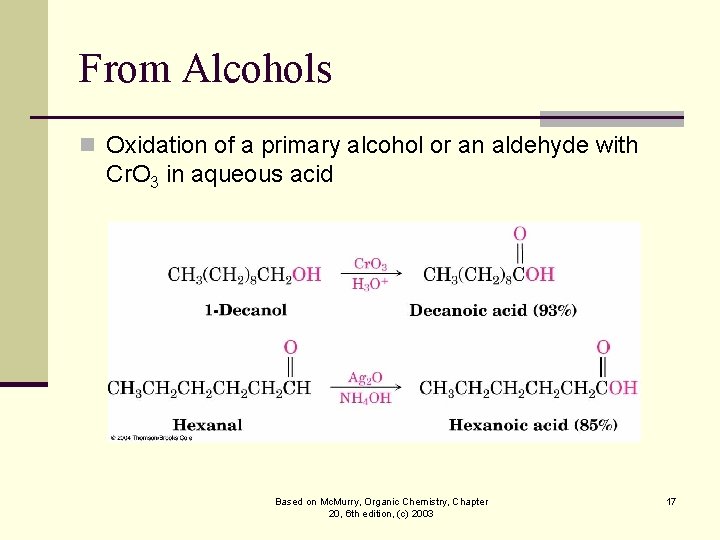 From Alcohols n Oxidation of a primary alcohol or an aldehyde with Cr. O